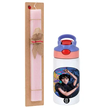 Wednesday dance, Easter Set, Children's thermal stainless steel water bottle with safety straw, pink/purple (350ml) & Easter scented flat candle (30cm) (PINK)