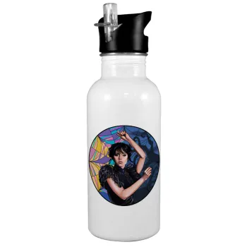 Wednesday dance, White water bottle with straw, stainless steel 600ml