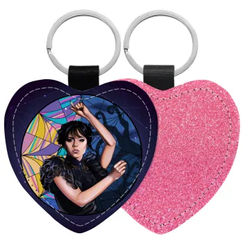 Wednesday dance, Μπρελόκ PU δερμάτινο glitter καρδιά ΡΟΖ