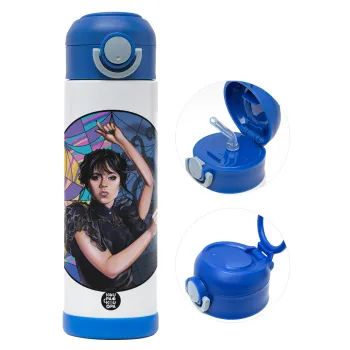 Wednesday dance, Children's hot water bottle, stainless steel, with safety straw, BLUE (500ml)