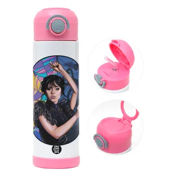 Wednesday dance, Children's hot water bottle, stainless steel, with safety straw, PINK (500ml)