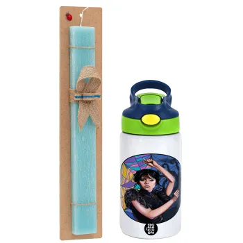 Wednesday dance, Easter Set, Children's thermal stainless steel bottle with safety straw, green/blue (350ml) & aromatic flat Easter candle (30cm) (TURQUOISE)