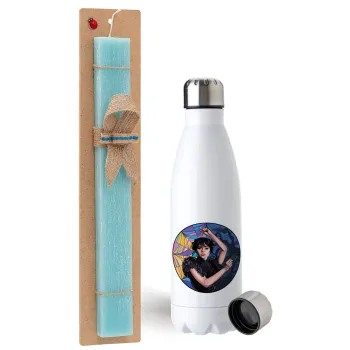 Wednesday dance, Easter Set, metallic stainless steel water bottle (750ml) & aromatic flat Easter candle (30cm) (TURQUOISE)