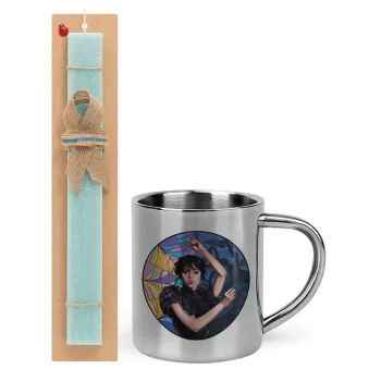 Wednesday dance, Easter Set, metallic thermal cup (300ml) & aromatic flat Easter candle (30cm) (TURQUOISE)