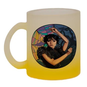 Wednesday dance, Κούπα γυάλινη δίχρωμη με βάση το κίτρινο ματ, 330ml