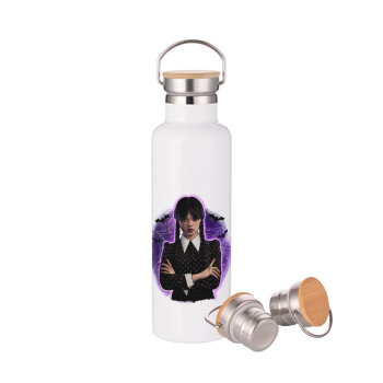 Wednesday moonlight, Μεταλλικό παγούρι θερμός (Stainless steel) Λευκό με ξύλινο καπάκι (bamboo), διπλού τοιχώματος, 750ml