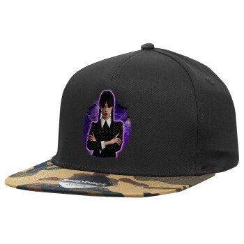 Wednesday moonlight, Adult Flat Snapback Hat Black/Camouflage, (100% COTTON TWILL, ADULT, UNISEX, ONE SIZE)