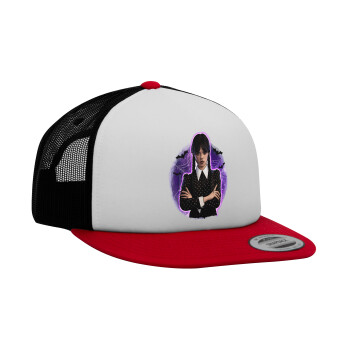Wednesday moonlight, Adult Foam Flat Snapback with Mesh Red-White-Black (POLYESTER, ADULT, UNISEX, ONE SIZE)