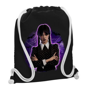 Wednesday moonlight, Τσάντα πλάτης πουγκί GYMBAG Μαύρη, με τσέπη (40x48cm) & χονδρά λευκά κορδόνια
