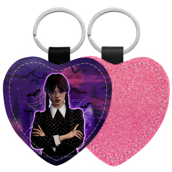 Wednesday moonlight, Μπρελόκ PU δερμάτινο glitter καρδιά ΡΟΖ