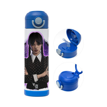 Wednesday moonlight, Children's hot water bottle, stainless steel, with safety straw, BLUE (500ml)