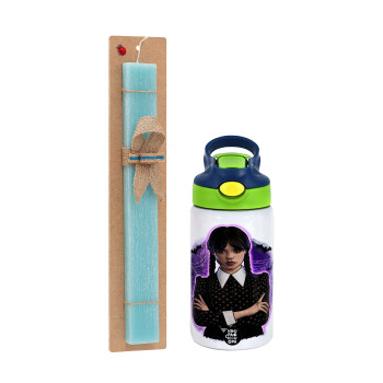 Wednesday moonlight, Easter Set, Children's thermal stainless steel bottle with safety straw, green/blue (350ml) & aromatic flat Easter candle (30cm) (TURQUOISE)
