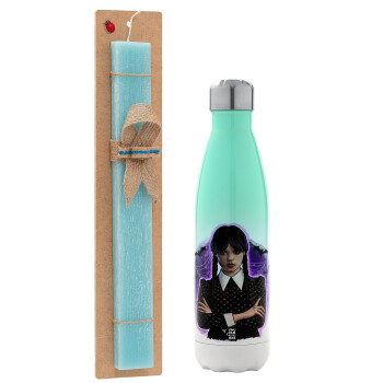 Wednesday moonlight, Easter Set, Metallic green/white thermos (Stainless steel), double-walled, 500ml & scented flat Easter candle (30cm) (TURQUOISE)