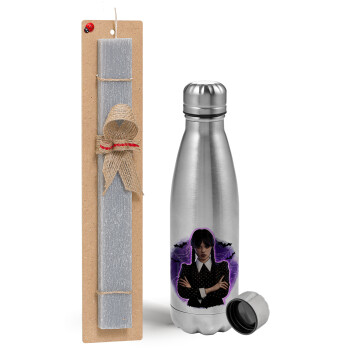 Wednesday moonlight, Easter Set, metallic Inox water bottle (750ml) & aromatic flat Easter candle (30cm) (GRAY)