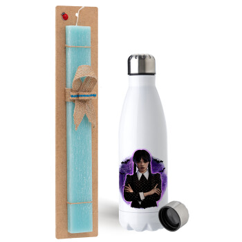Wednesday moonlight, Easter Set, metallic stainless steel water bottle (750ml) & aromatic flat Easter candle (30cm) (TURQUOISE)