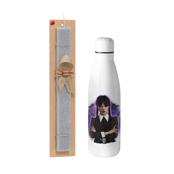 Wednesday moonlight, Easter Set, metallic stainless thermos bottle (500ml) & scented flat Easter candle (30cm) (GRAY)