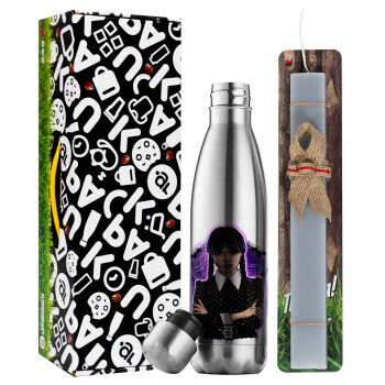 Wednesday moonlight, Easter Set, metallic stainless thermos flask (500ml) & scented flat Easter candle (30cm) (GRAY)