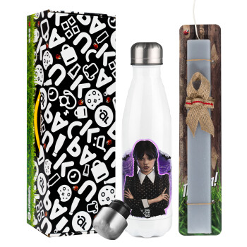 Wednesday moonlight, Easter candle, metallic white thermos bottle (500ml) & aromatic flat candle (30cm) (GRAY)