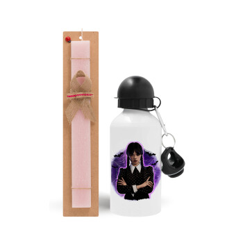 Wednesday moonlight, Πασχαλινή Λαμπάδα με παγούρι μεταλλικό αλουμινίου (500ml) & κερί αρωματικό πλακέ (30cm) (ΡΟΖ)