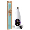 Easter Set, metallic stainless steel water bottle (750ml) & aromatic flat Easter candle (30cm) (TURQUOISE)