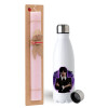 Easter Set, metallic stainless steel water bottle (750ml) & scented flat Easter candle (30cm) (PINK)