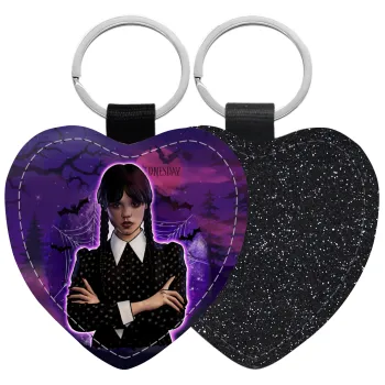 Wednesday moonlight, Μπρελόκ PU δερμάτινο glitter καρδιά ΜΑΥΡΟ