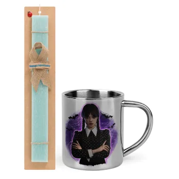 Wednesday moonlight, Easter Set, metallic thermal cup (300ml) & aromatic flat Easter candle (30cm) (TURQUOISE)