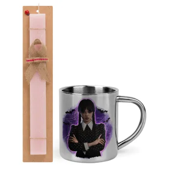 Wednesday moonlight, Easter Set, metallic thermal cup (300ml) & aromatic flat Easter candle (30cm) (PINK)