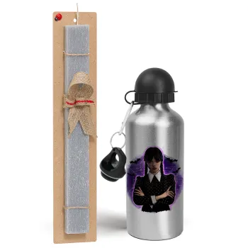 Wednesday moonlight, Πασχαλινή Λαμπάδα με παγούρι μεταλλικό Ασημένιο αλουμινίου (500ml) & κερί αρωματικό πλακέ (30cm) (ΓΚΡΙ)