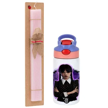 Wednesday moonlight, Easter Set, Children's thermal stainless steel water bottle with safety straw, pink/purple (350ml) & Easter scented flat candle (30cm) (PINK)