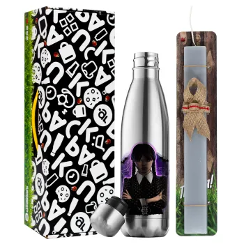 Wednesday moonlight, Easter Set, metallic stainless thermos flask (500ml) & scented flat Easter candle (30cm) (GRAY)