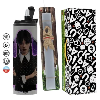 Wednesday moonlight, Πασχαλινή Λαμπάδα με Travel Tumbler θερμό (600ml, BPA free) & κερί αρωματικό πλακέ (30cm) (ΓΚΡΙ)