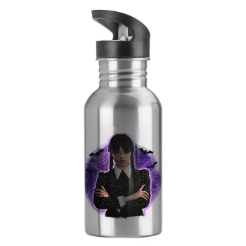 Wednesday moonlight, Παγούρι νερού Ασημένιο με καλαμάκι, ανοξείδωτο ατσάλι 600ml