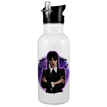 Wednesday moonlight, White water bottle with straw, stainless steel 600ml