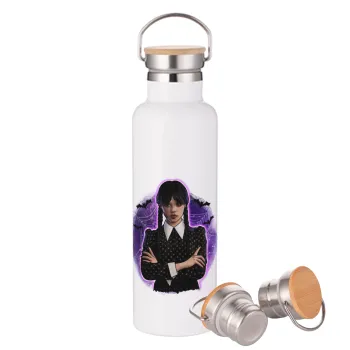 Wednesday moonlight, Μεταλλικό παγούρι θερμός (Stainless steel) Λευκό με ξύλινο καπάκι (bamboo), διπλού τοιχώματος, 750ml