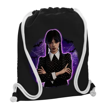 Wednesday moonlight, Backpack pouch GYMBAG Black, with pocket (40x48cm) & thick white cords