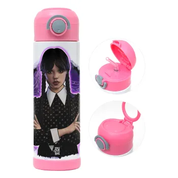 Wednesday moonlight, Children's hot water bottle, stainless steel, with safety straw, PINK (500ml)