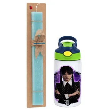 Wednesday moonlight, Easter Set, Children's thermal stainless steel bottle with safety straw, green/blue (350ml) & aromatic flat Easter candle (30cm) (TURQUOISE)