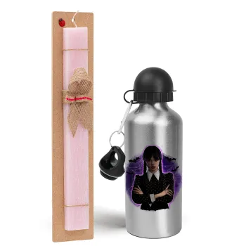 Wednesday moonlight, Easter Set, metallic Silver aluminum water bottle (500ml) & scented flat Easter candle (30cm) (PINK)