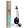 Easter Set, metallic stainless steel water bottle (750ml) & aromatic flat Easter candle (30cm) (TURQUOISE)