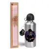 Easter Set, metallic Silver aluminum water bottle (500ml) & scented flat Easter candle (30cm) (PINK)