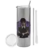 Tumbler ποτήρι θερμό Ασημένιο από ανοξείδωτο ατσάλι 600ml, με μεταλλικό καλαμάκι & βούρτσα καθαρισμού
