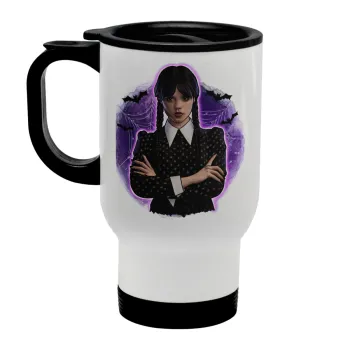 Wednesday moonlight, Κούπα ταξιδιού ανοξείδωτη με καπάκι, διπλού τοιχώματος (θερμό) λευκή 450ml