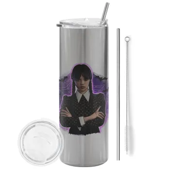 Wednesday moonlight, Tumbler ποτήρι θερμό Ασημένιο από ανοξείδωτο ατσάλι 600ml, με μεταλλικό καλαμάκι & βούρτσα καθαρισμού