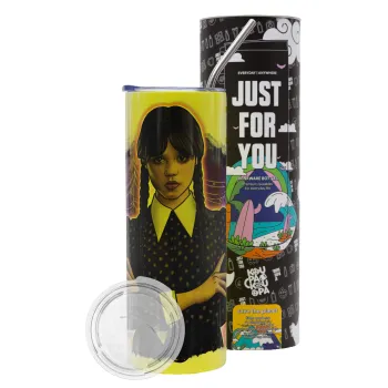 Wednesday moonlight, Neon Yellow Travel Tumbler θερμό, μεταλλικό καλαμάκι(Ανωξείδωτο 304 Food grade, BPA free, 600ml)