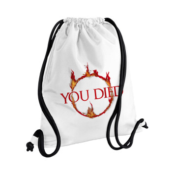 You Died | Dark Souls, Backpack pouch GYMBAG white, with pocket (40x48cm) & thick cords