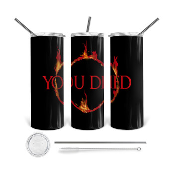 You Died | Dark Souls, Tumbler ποτήρι θερμό από ανοξείδωτο ατσάλι 600ml, με μεταλλικό καλαμάκι & βούρτσα καθαρισμού
