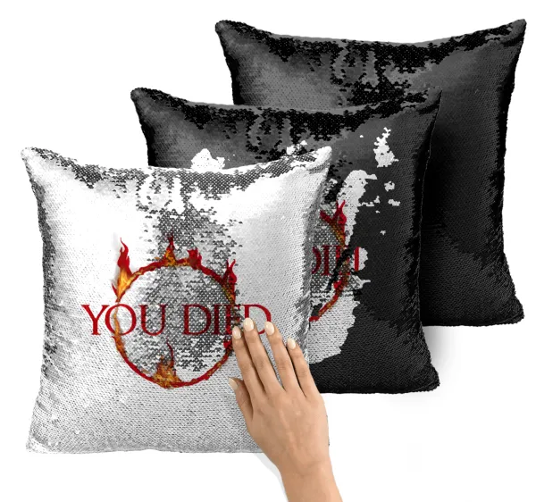 You Died | Dark Souls — Magic sofa cushion with black sequins, 40x40cm, filling included