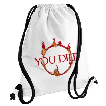 You Died | Dark Souls, Backpack pouch GYMBAG white, with pocket (40x48cm) & thick cords
