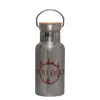 Stainless steel metallic thermos flask, silver with a bamboo lid, double-walled, 350ml.